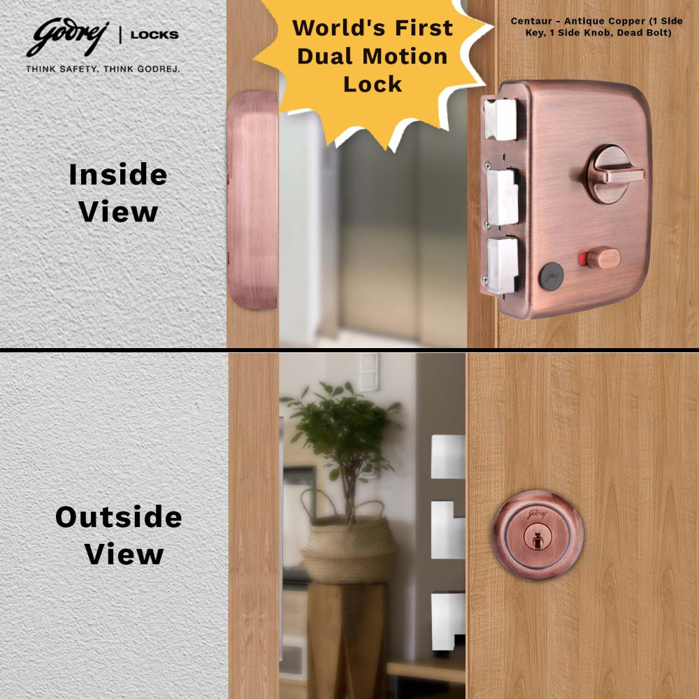 Godrej Rim Lock I Centaur Exs plus I 1Ck Deadbolt I For Home Main Door I For Inside or Outside Opening Door  and Left or Right Handed Doors I 4 Keys I 15 Years WarrantyIManual Locking I Antique Copper Finish